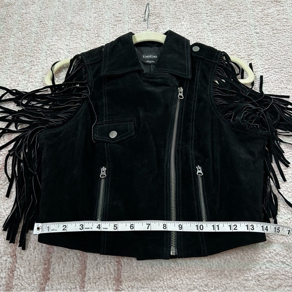 Bebe Black Suede Fringe Moto Western Vest Size Small Asymmetric Zip Bike Week - Picture 8 of 13